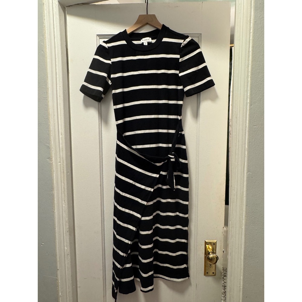 Evereve Womens Black‎ White Striped Wrap Tie Midi Dress Short Sleeve XS Ribbed